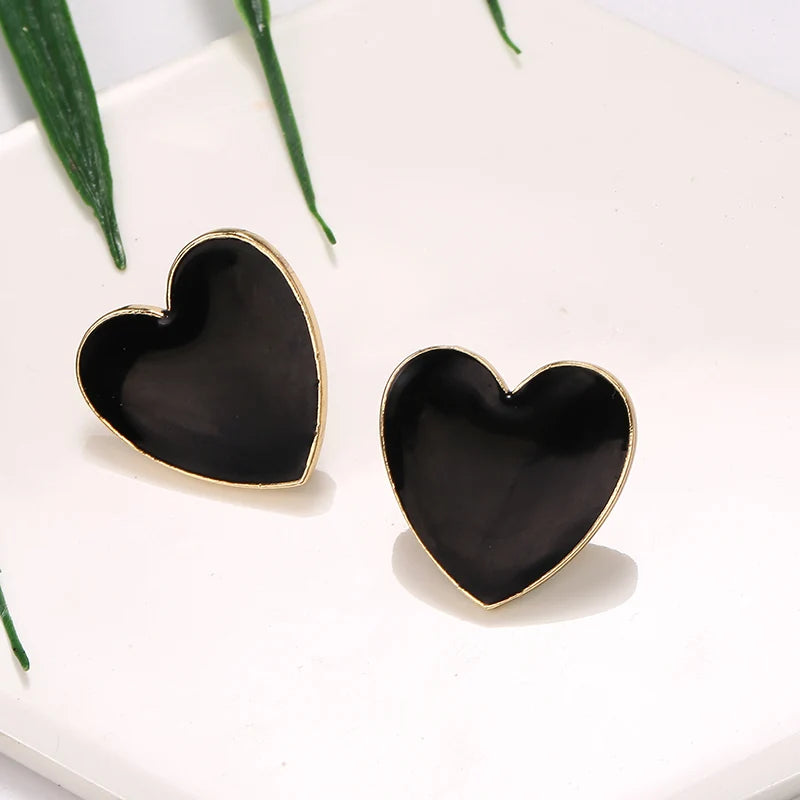 CAOSHI Big Enamel Heart Stud Earrings for Women Black Oil Gold Street Trendy Jewelry Statement Lover Stud Earring