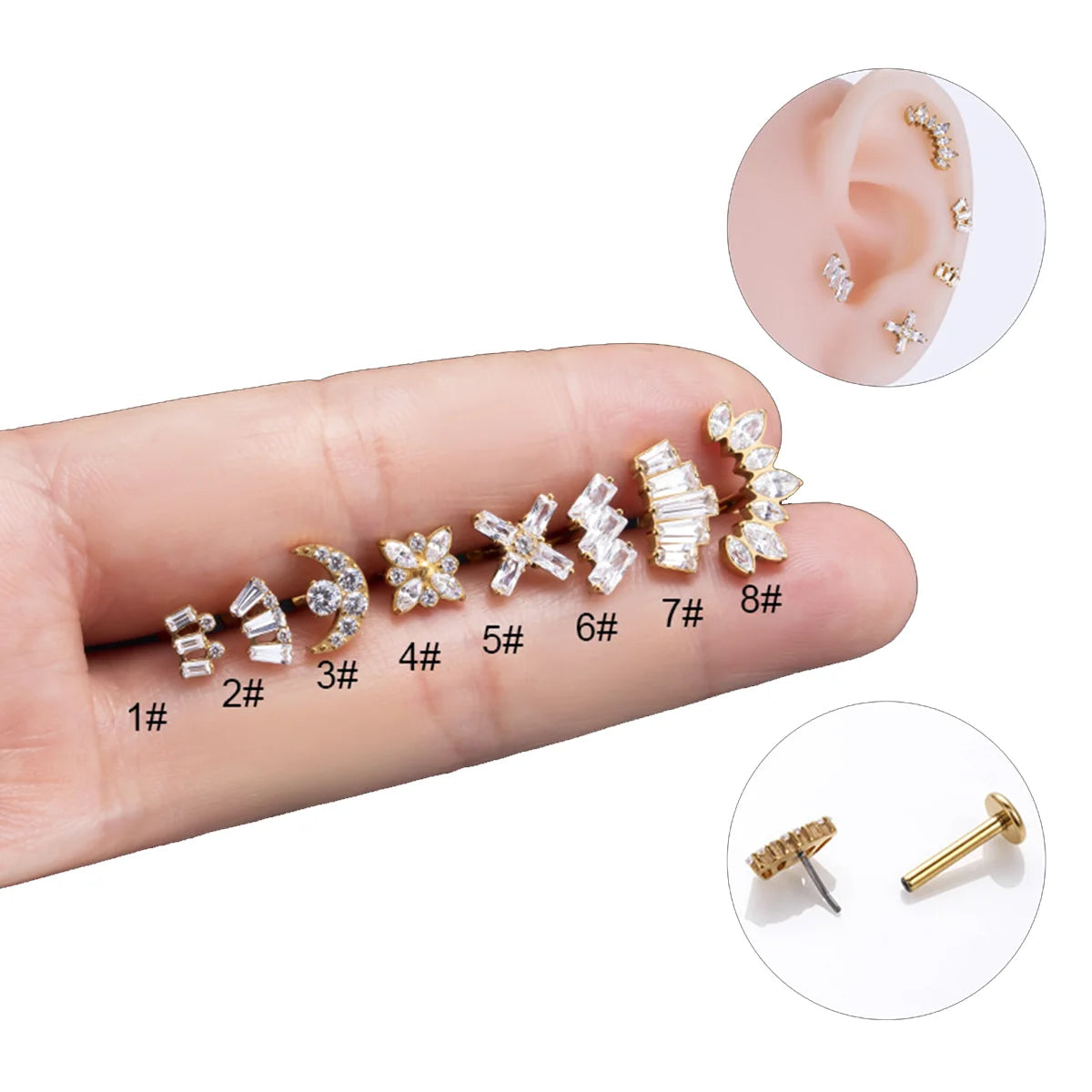 ASTM F136 Titanium Zircon Threadless Labret Lip Piercing Stud Cartilage Earrings Helix Push Studs for Women Engagement Jewelry