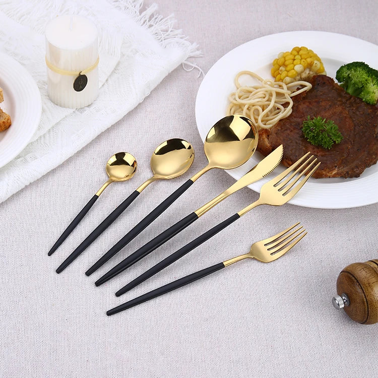 Nordic Style Vintage Mirror Polish Wedding Knife Fork Spoon Black Gold Stainless Steel Cutlery Set for Home Use