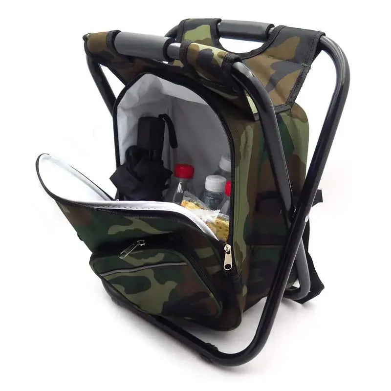 Camping Camouflage Fishing Collapsible Stool Metal Folding Chair with Cooler Bag