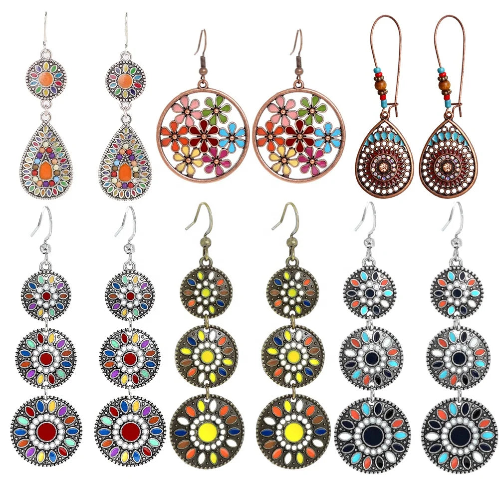 Vintage Ethnic Antique Bronze Plated Water Drop Flower Retro Boho Earring Jewelry for Women