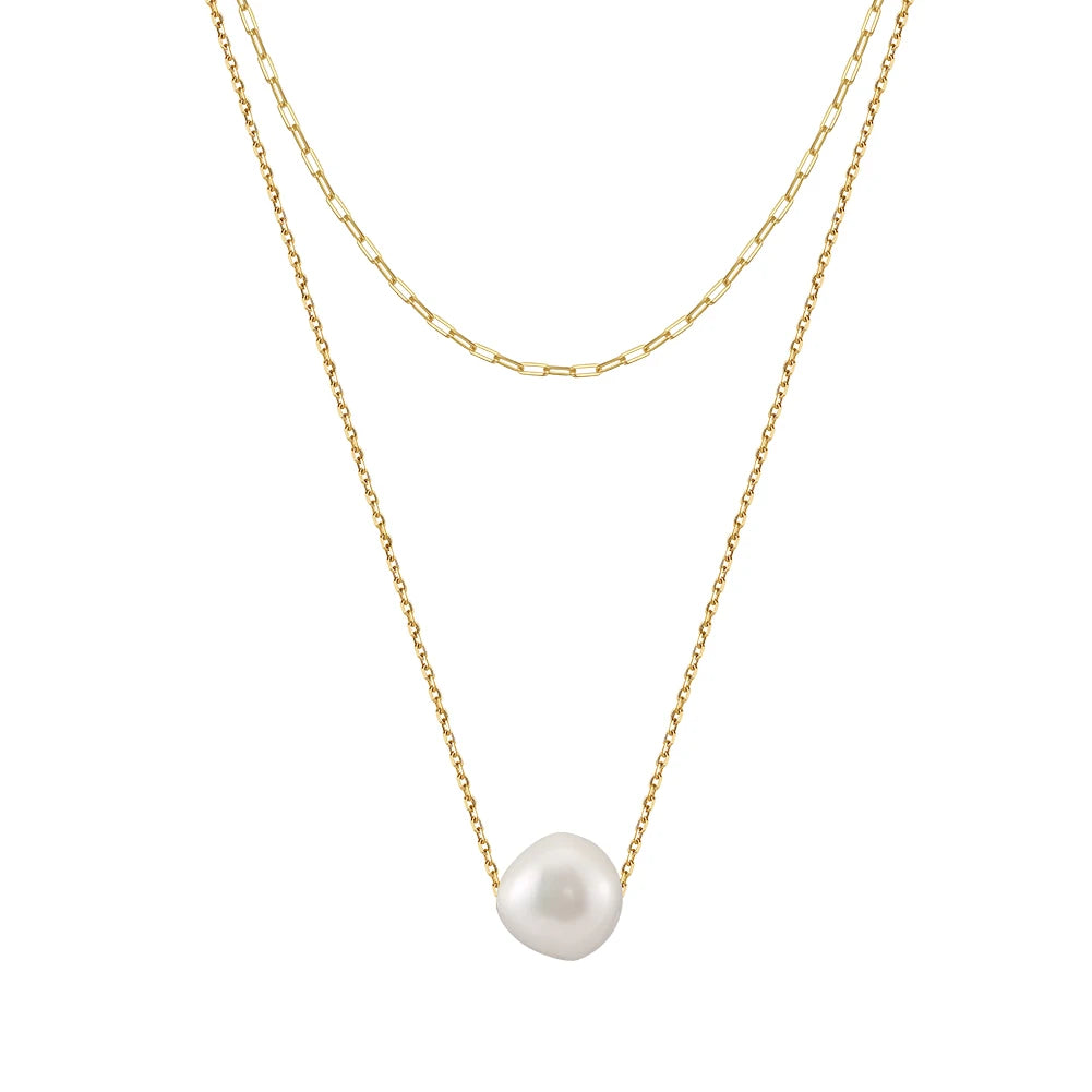 Wholesale Fashion 925 Sterling Silver Double Layer Natural Freshwater Pearl Gold Plated Chain Necklace Jewelry for Women
