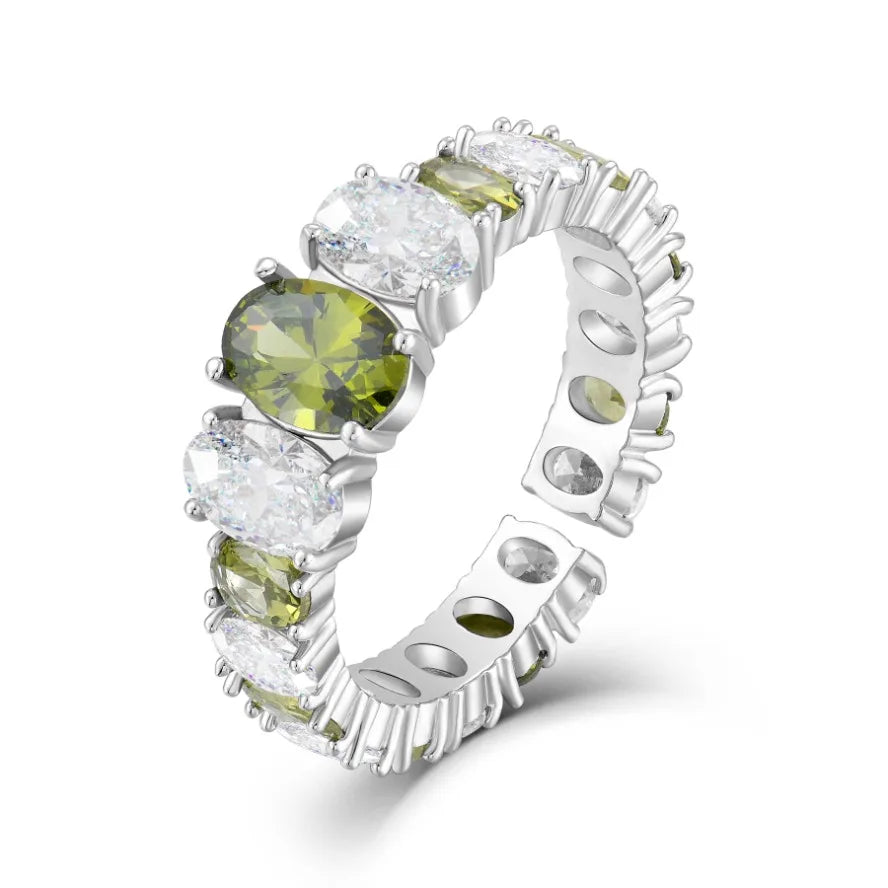 YILUN Handcrafted Adjustable Open Design Womens Sterling Silver 925 Cubic Zirconia Olivine Diamond Eternal Band Ring