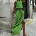 2026 Ladies Office Casual Cotton Linen Green Pants Sets Green Split Pant Suits with Short Sleeveless Tops for Summer Vacation