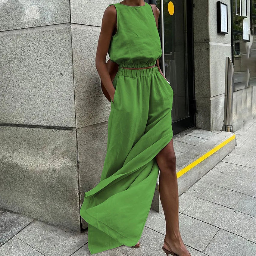2026 Ladies Office Casual Cotton Linen Green Pants Sets Green Split Pant Suits with Short Sleeveless Tops for Summer Vacation