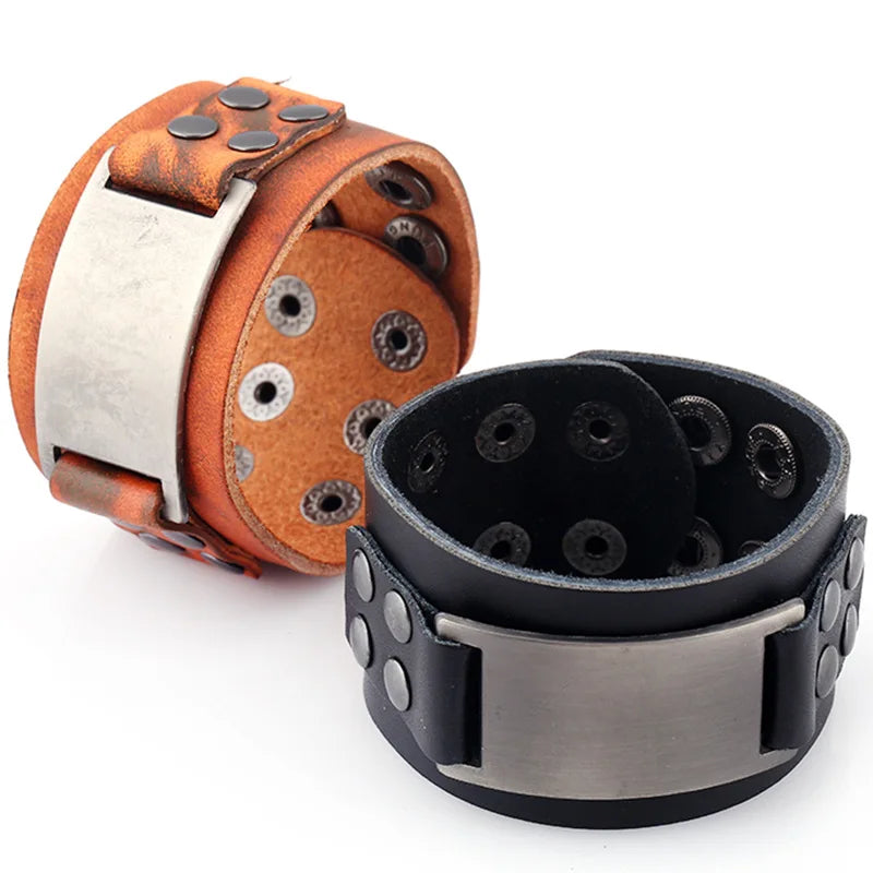 Wholesale Genuine Leather Fashion Bangles for Men Wide Leather Bracelet with Custom Engraved Logo Blank Metal Plate Jewelry