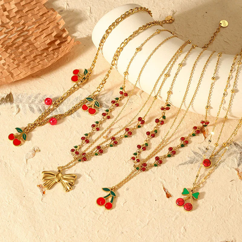 Wholesale Stainless Steel Double Chain Cherry Cute Cherry Pendant Charm Necklace for Women