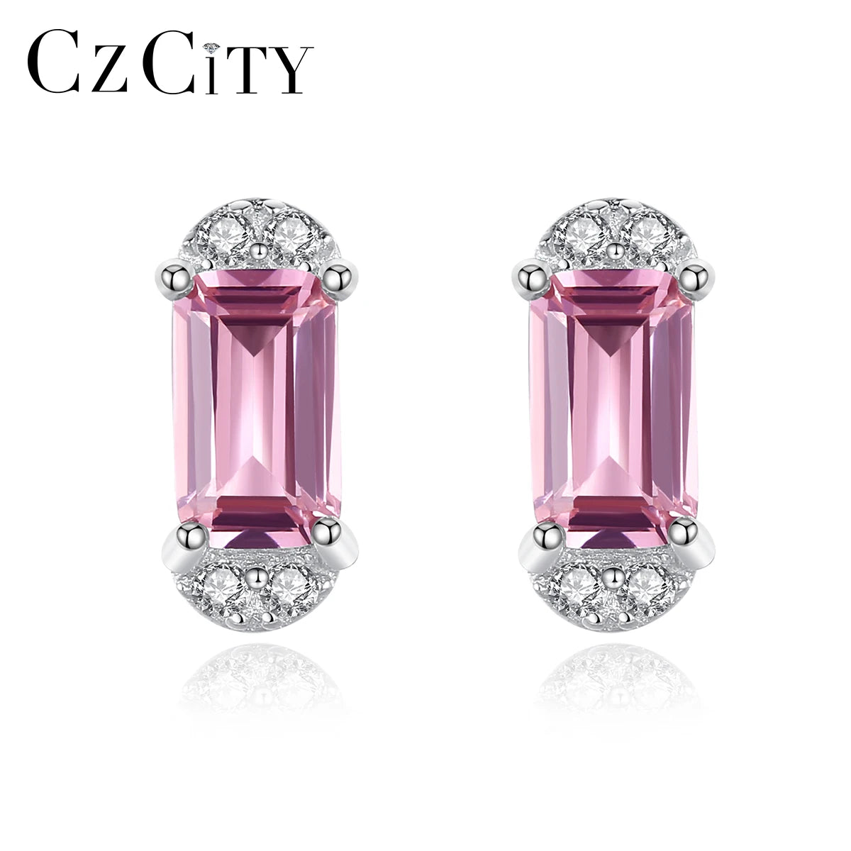 CZCITY 2025 New Fashion Clear Pink Color Earring Rectangle Shape Sterling Silver 925 Earrings for Women Wholesale