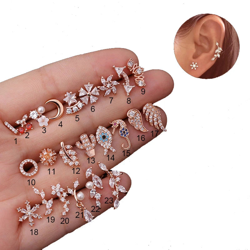 New Arrivals  Ear Piercing Creative Hippocampal Screw Studs Inlaid With Zircon Ear Bones Fashion Earrings
