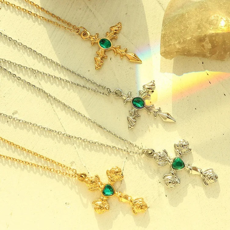 18k Gold Plating Green Zircon Cross Charm Pendant Necklace Tarnish Free Stainless Steel Ankh Cross Vintage Necklace for Women