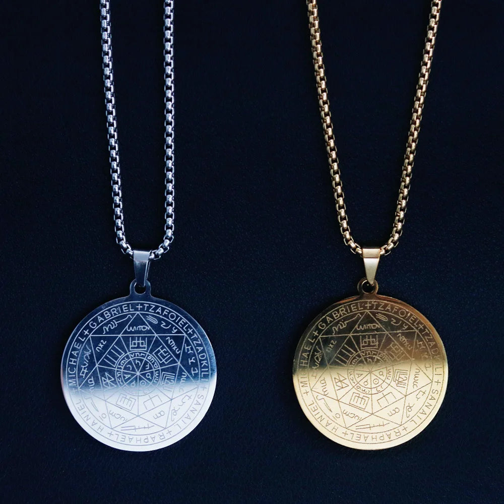 Men's Stainless Steel Cross Link Chain Necklace Bright Polished Gold Plated Engraved Witchcraft Pentagram Round Pendant Necklace