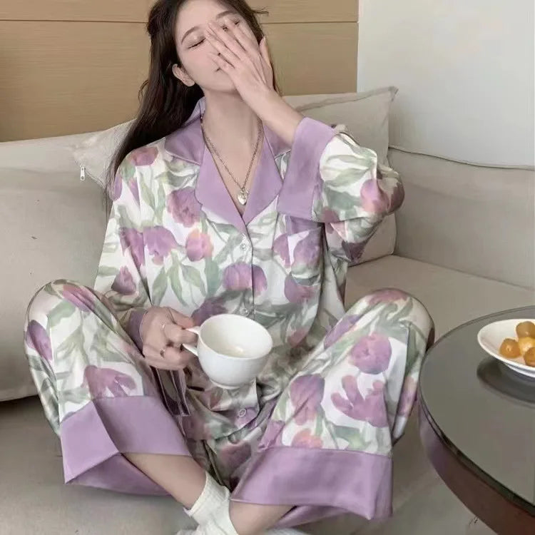 Women's Spring/Summer Cotton Pajamas Long Sleeved Pajamas for Women Set Soft Lapel Purple Tulip Girl Loungewear Women Sets