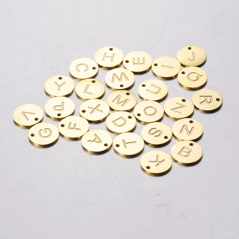Fashion Stainless Steel Polished Letter Initial Charm Steel Color Gold Alphabet A-Z Round Pendant 12mm