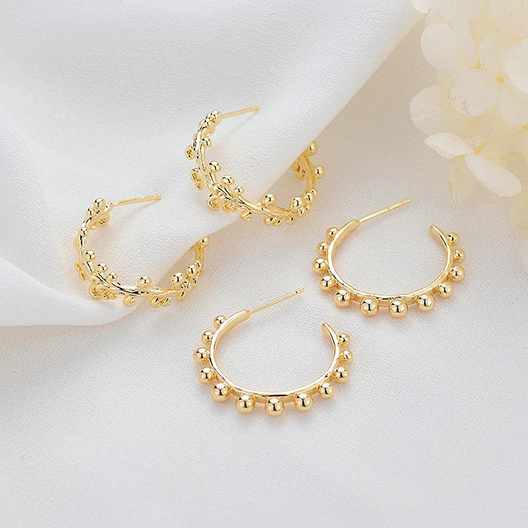 Wholesale 14K Gold Plated C Shaped Half Circle Women's Jewelry Earrings Vine Round Ball Beads Fashion Studs Earring