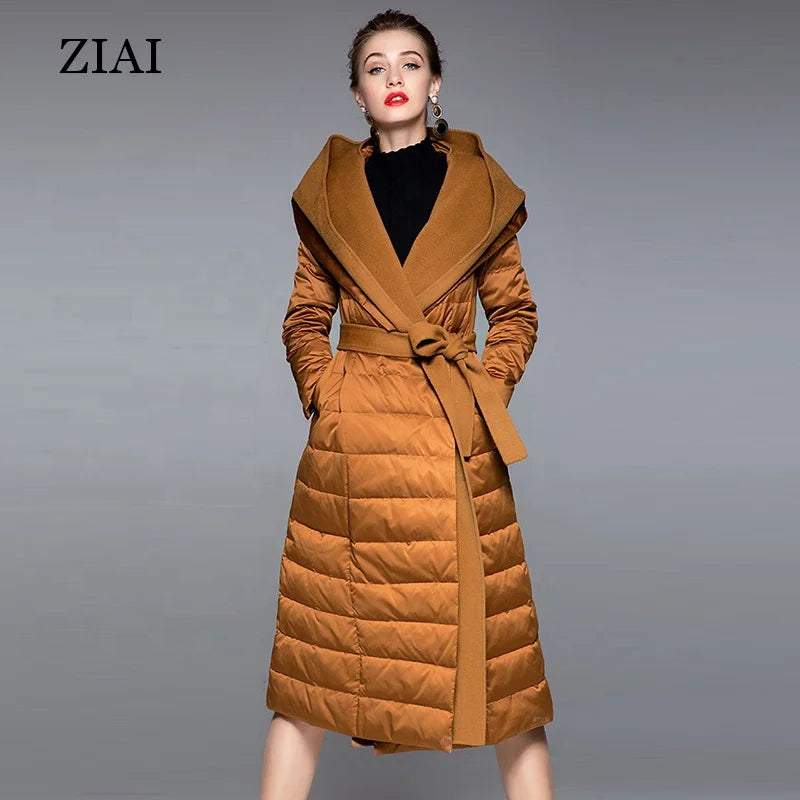 New Fashion Women Long Warm Padded Coats Plus Size Belt Down Jackets Hooded With Wool  Puffer Coat Ladies Winter Coats