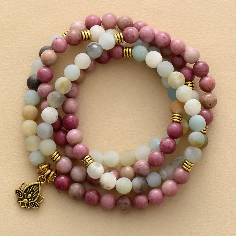 6mm Rhodonite Amazonite Elastic 108 Beads Mala Necklace Bracelet Spiritual Meditation Lotus Pendant Jewelry for Wedding Party