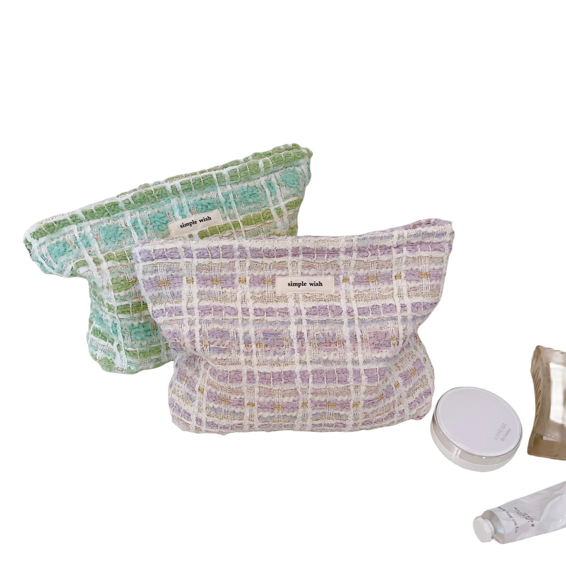 Wholesale Customized Cute Young Girl Korea Style Simple Cotton Cosmetic Bag Ladies Wool Tweed Fabric Makeup Bag Wash Bag