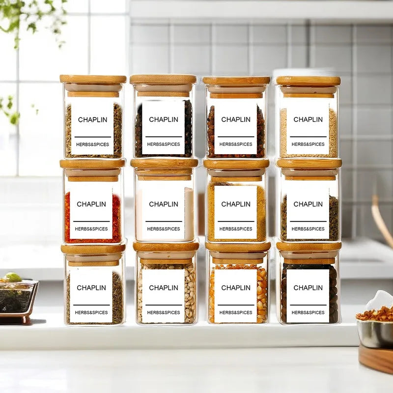 200ml 12pcs square High Borosilicate Glass Spice Jar With Bamboo Lid Set for Kitchen Seasoning Multiple Functions