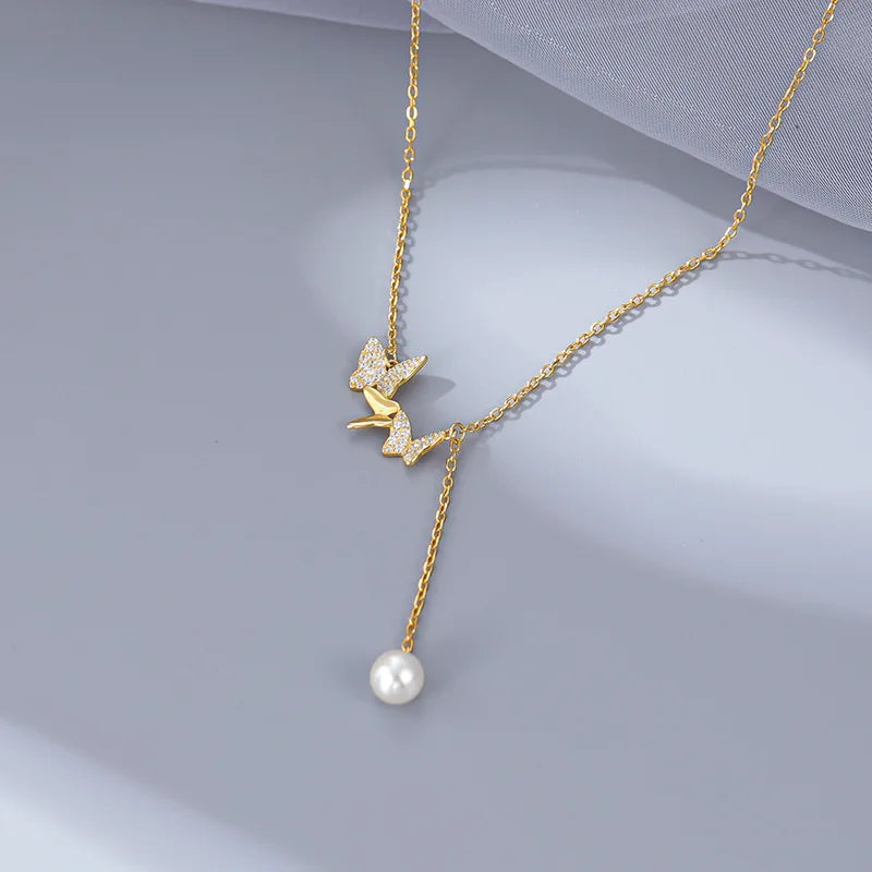 Fashion Jewelry 925 Sterling Silver Necklace butterfly Butterflies Diamond Pearl Tassel Chain Gold Plated Necklaces Women