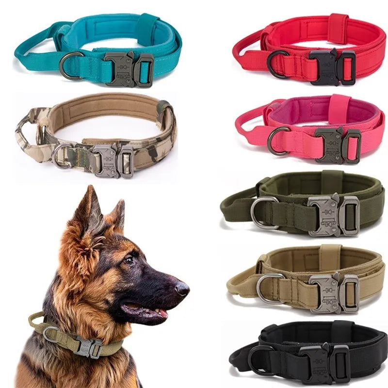 Heavy Duty Thick Soft Tactical Dog Collar Adjustable Nylon Training Dog Collar with Handle Padded Cotton Metal Buckle Dog Collar