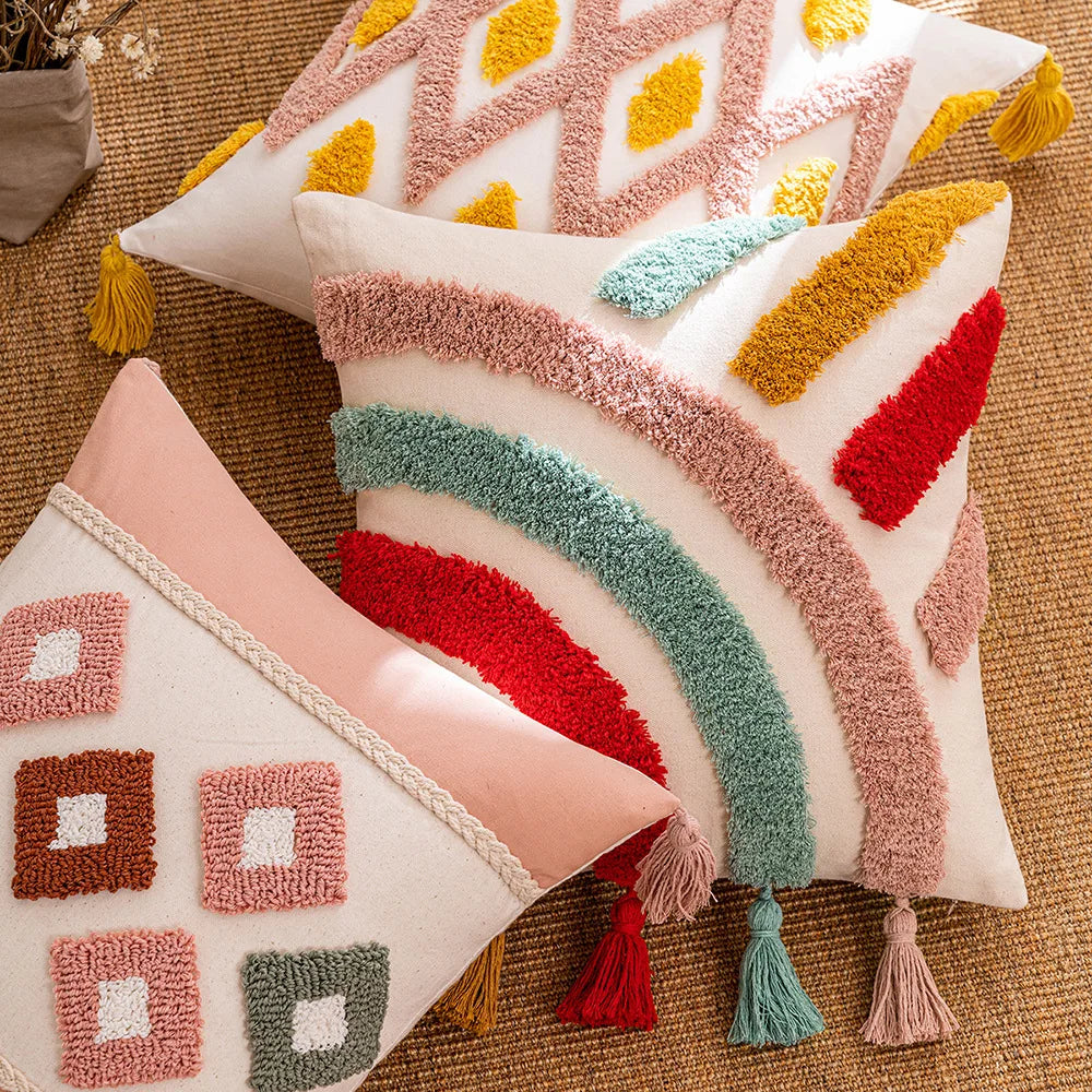 Ins Style Hotel Plush Pillowcase Nordic Geometric Living Room Sofa Cushion Pillow Cover Waist Rainbow Fringe Tufted Pillow