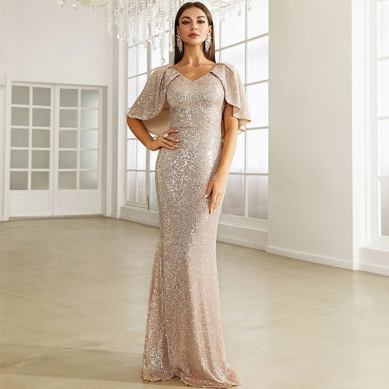 Women's Evening Party Dress Prom Dress Bling Sequined Ladies Formal Wear Gowns V Neck Split Long Dress