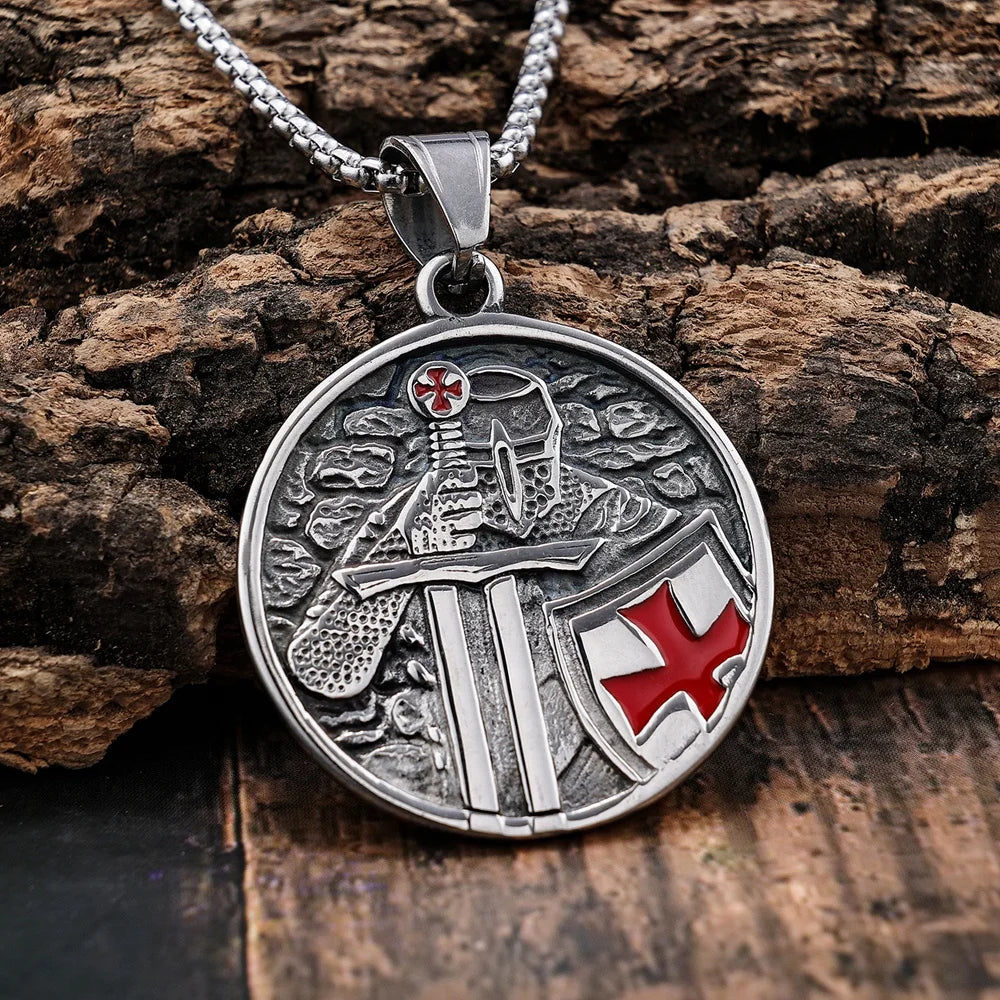 High Quality Stainless Steel Vintage Masonic Jewelry Helmet Shield Knights Templar Medallion Pendant Necklace Set for Man