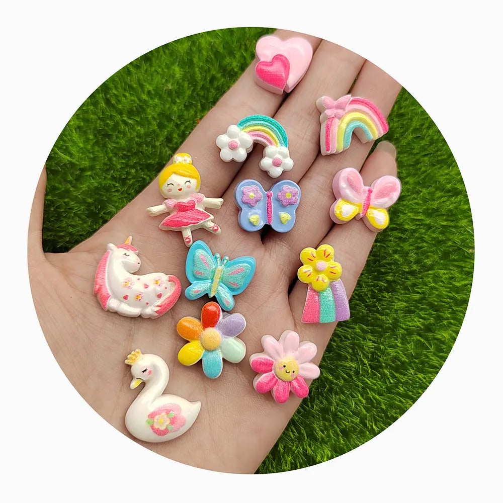 New Novelty Spring Summer Theme Flatback Resin Cabochons Love Heart Rainbow Dancing Girl Flowers Butterfly Beads for Jewelry DIY