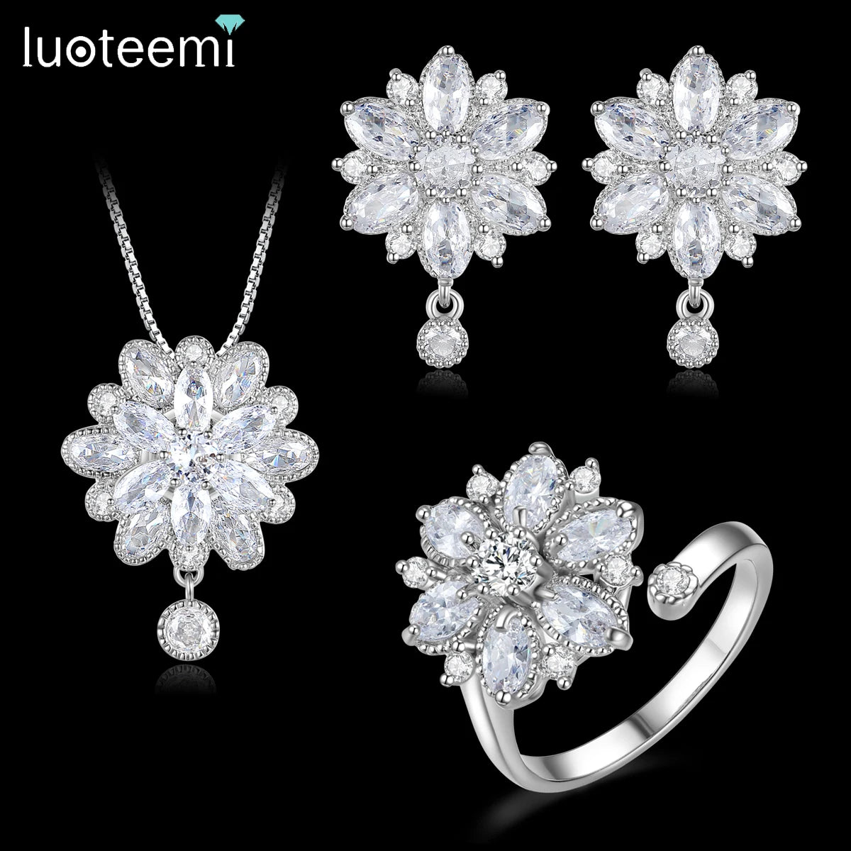 LUOTEEMI Wholesale Unique Clear Cubic Zirconia Princess Luxury Women Bridal Wedding Necklace Earrings Ring Jewelry Set