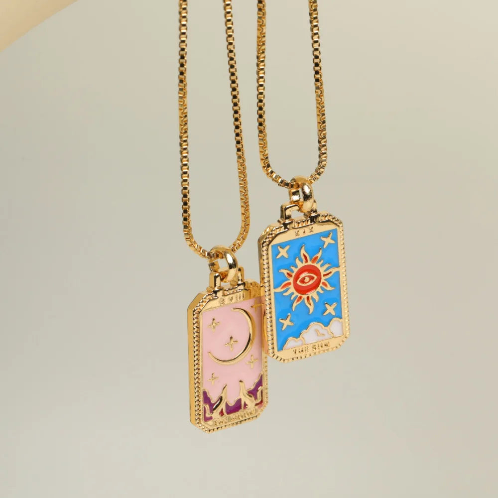 Vintage Tarot Card Pendant Necklace 18K Gold Plated Copper Enamel Star Sun Moon Symbolic Rectangle Necklace with Box Chain