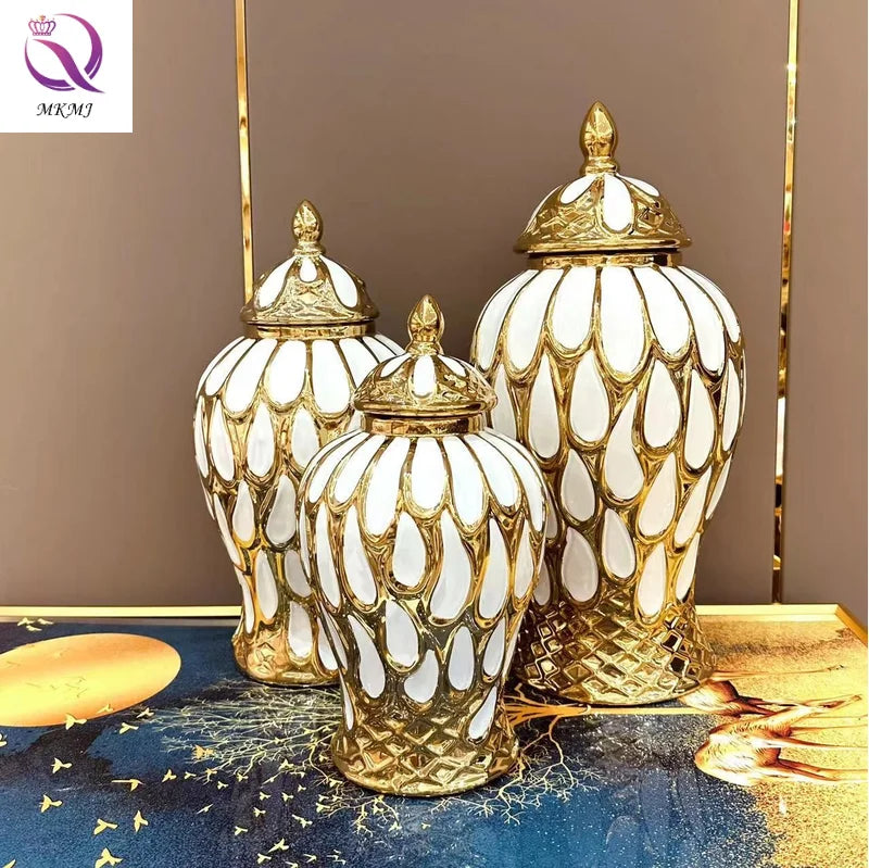Light Luxury Electroplated Ceramic Vase Drop-Shaped Pattern Golden Ginger Jar for Bedroom and Living Room Decorations