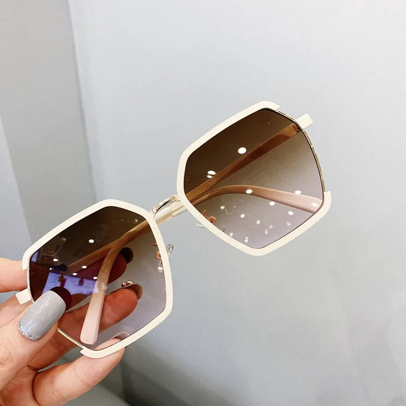 New Women Oversized Polygon Eyewear 2023 Gradient Brown Rimless Sun Glasses for Female Brand Designer Uv400