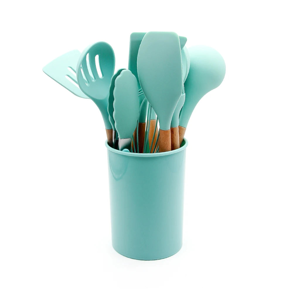 Kitchen Supplies Household Cooking Utensils Simple Fashionable High-quality Wholesale Silicone Cookware Wooden Handle Utensil MegaBDM