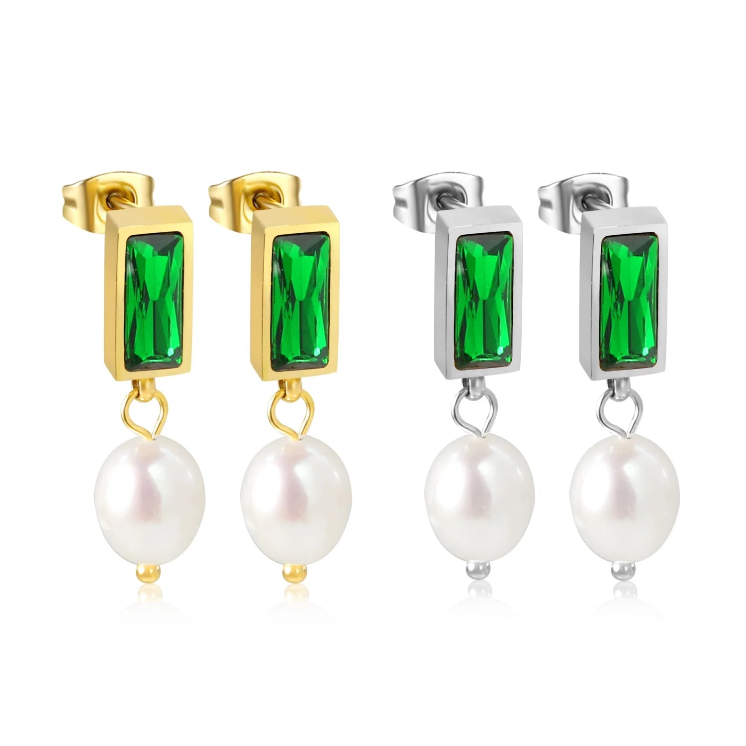 Personality Fashion Jewelry Women's Vintage Earrings Non Tarnish 18K Gold Plated Stainless Steel Green Zircon Stud Earrings