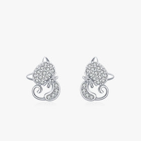 Ailmay Real 925 Sterling Silver Cute Cat Stud Earrings Charm Dazzling CZ Animal Earrings for Women Statement Fine Silver Jewelry