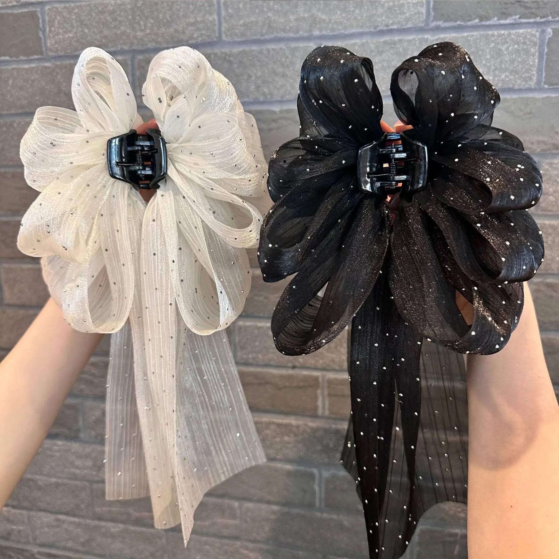 Shiny Rhinestone Shark Clip for Women Fabric Barrette Accessories with Ribbon Chiffon Bow for Ponytail Hairpin Ornament