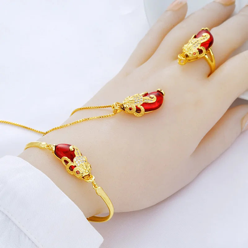 New Design Necklace Ring Bracelet Ruby PiXiu Women Gold Plated Brass Wedding Anniversary Jewelry Set