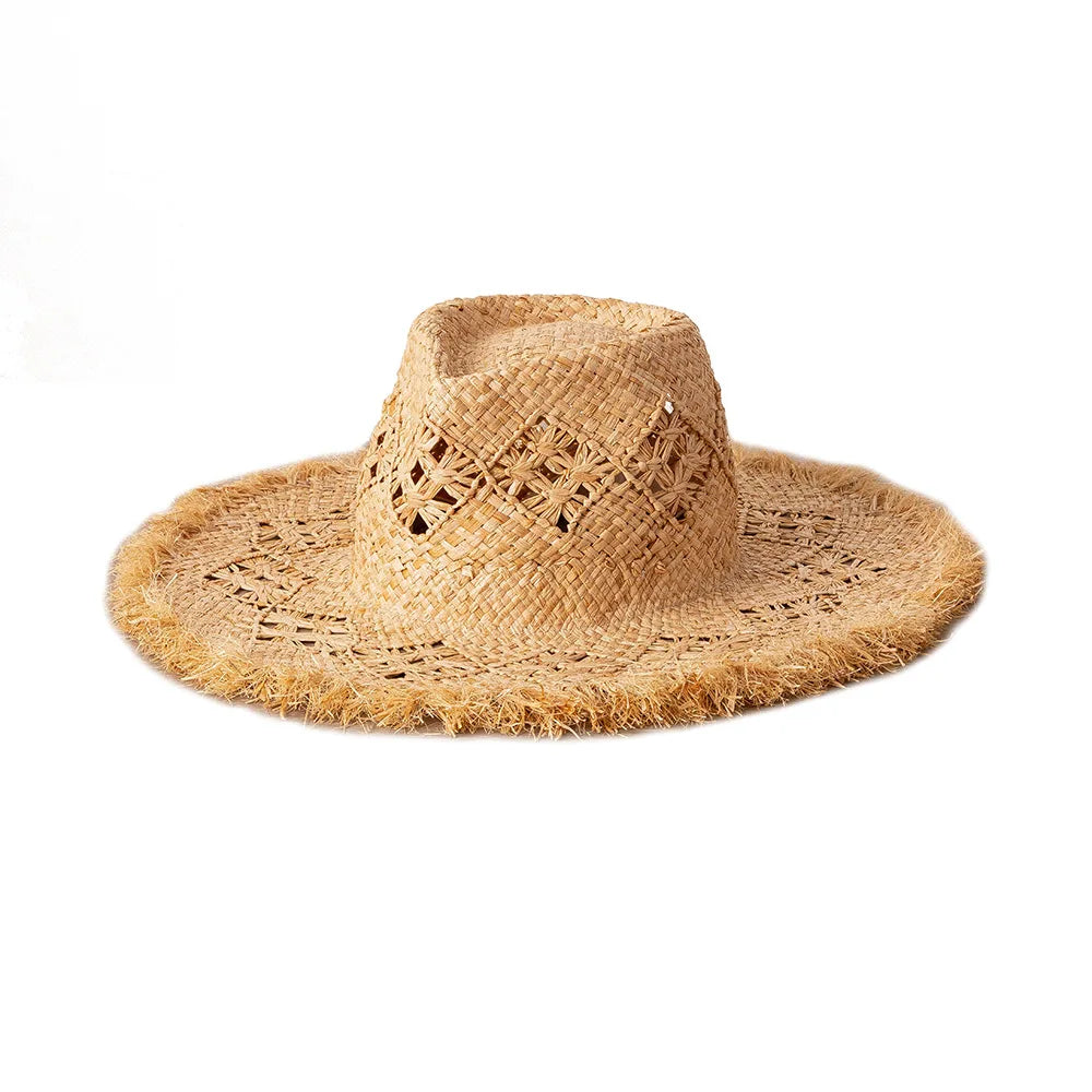 2022 New Arrival Summer Beach Sunhat Wide Brim Fedora Natural Raffia Straw Hats Hollow Frayed Brim Design Plain Sombreros Travel