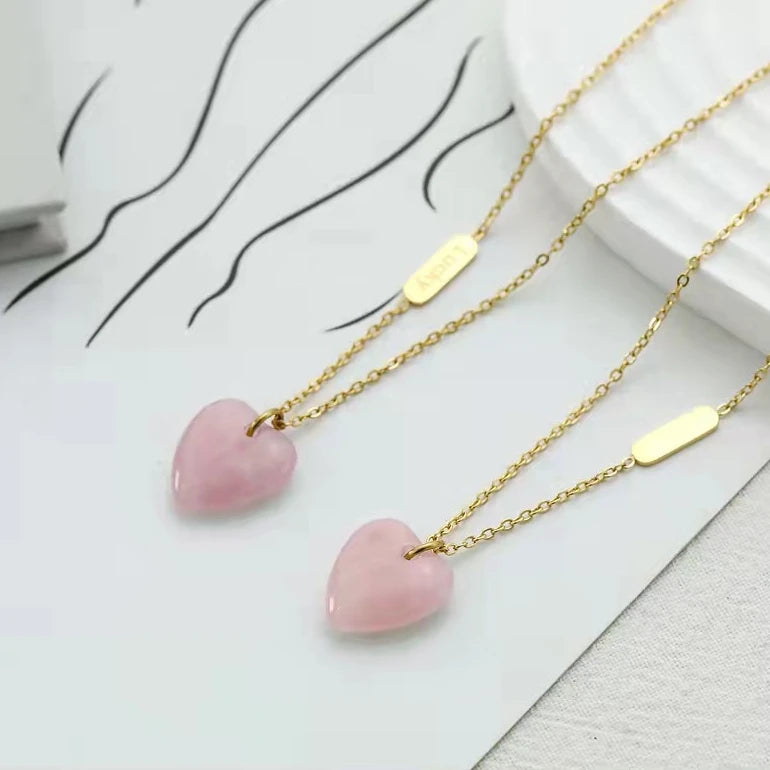 AJ430 Natural Rose Quartz Necklace Stainless Steel Jewelry Heart Necklace Gold Necklace