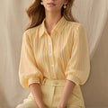 RNSHANGER Summer Striped Bubble Sleeve Women's Shirt Fashion Commute Turn-down Collar Three Quarters Sleeve Female Work Shirts