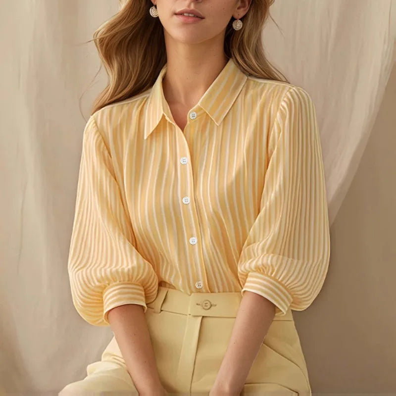 RNSHANGER Summer Striped Bubble Sleeve Women's Shirt Fashion Commute Turn-down Collar Three Quarters Sleeve Female Work Shirts