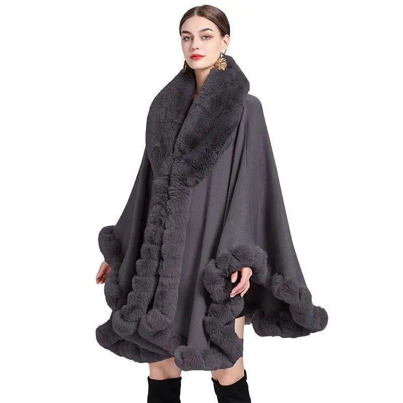 Wholesale Elegant Women's Fall Winter Rabbit Fur Collar Cape Thick Cardigan Faux Fur Shawl With Long Fur Trim