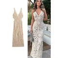 Women Party Beach Vacation Clothes Elegant V-neck Sleeveless Backless Vestidos Solid Knitted Hollow Out Crochet Long Dresses