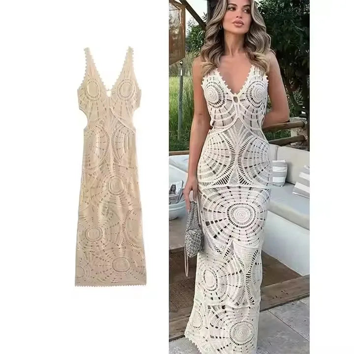 Women Party Beach Vacation Clothes Elegant V-neck Sleeveless Backless Vestidos Solid Knitted Hollow Out Crochet Long Dresses