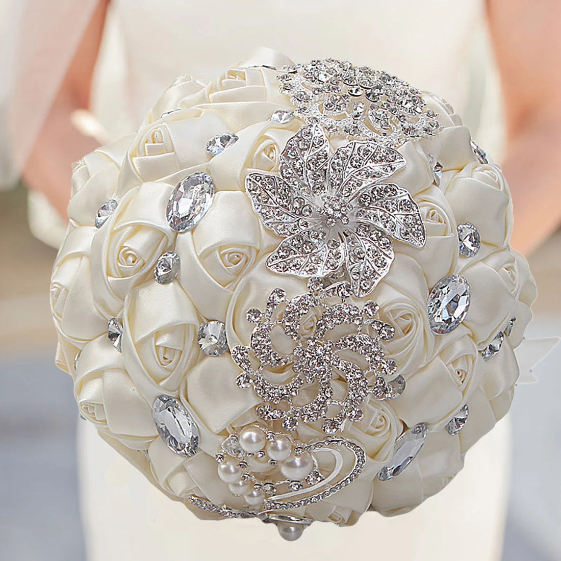 Handmade Wedding Crystal Bouquet Bridal Ribbon Artificial Satin Flower Silk Wedding Bridal Bouquet