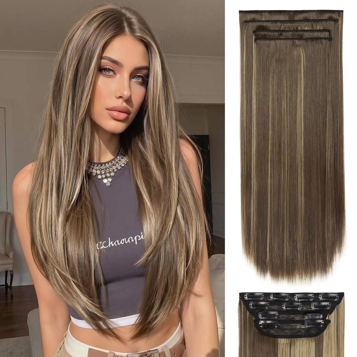 Wholesale Double Weft Ombre Blonde Clip-in Hair Extensions Long Straight Invisible Clip on Synthetic Hair Extension Clip Ins