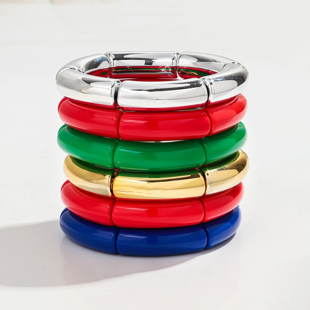 Simple Winter 2025 Jewelry Colored Bamboo Tube Beads Red Christmas Gift Elastic Acrylic Bangle Bracelet Set 3 Pcs/set for Women