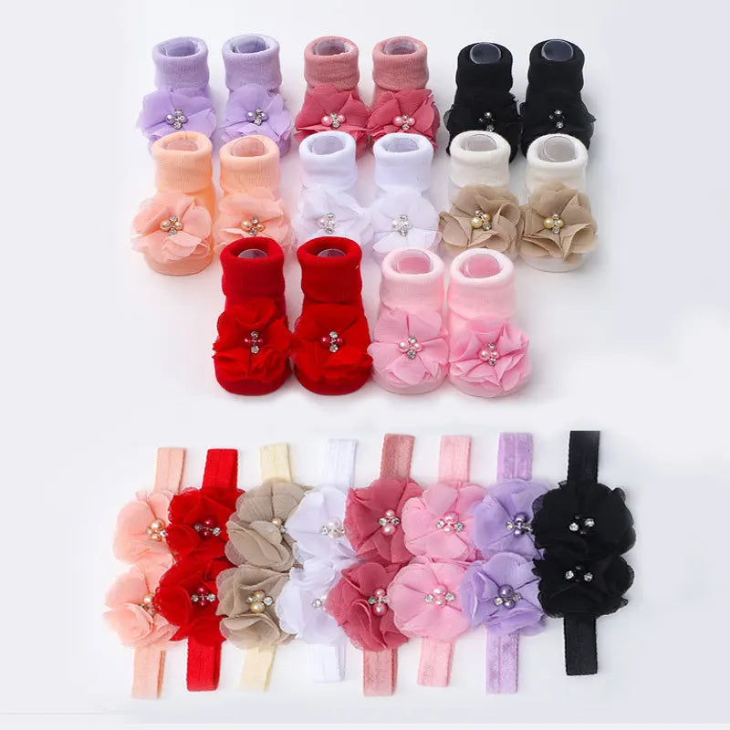Handmade Pearl Flower Headband and Crew Sock Set for Babies Pure Color Breathable Knitting Cross-Border Design