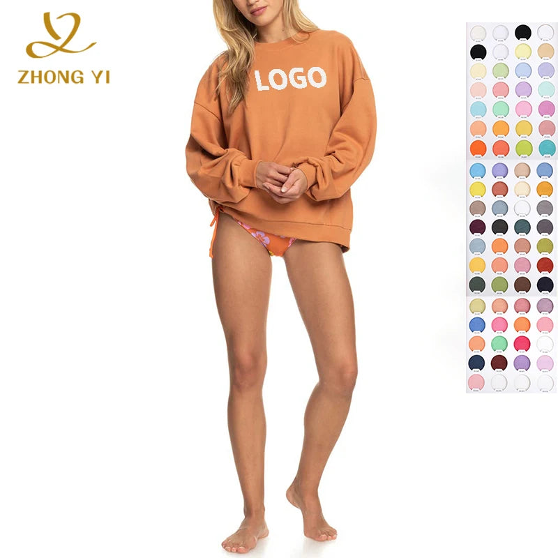 2025 Hot Sale Women Terry Crew Neck Pullover Sweatshirt Running Wear Custom Logo Soild Color Plus Size Hoodies Sweatshirts