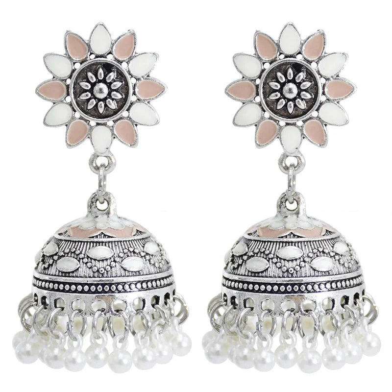 Direct Supply Manufacturers Indian Style Silver Alloy Flowers Earrings Vintage Palace Dripping Oil Ethnic Style ODM Supply Type